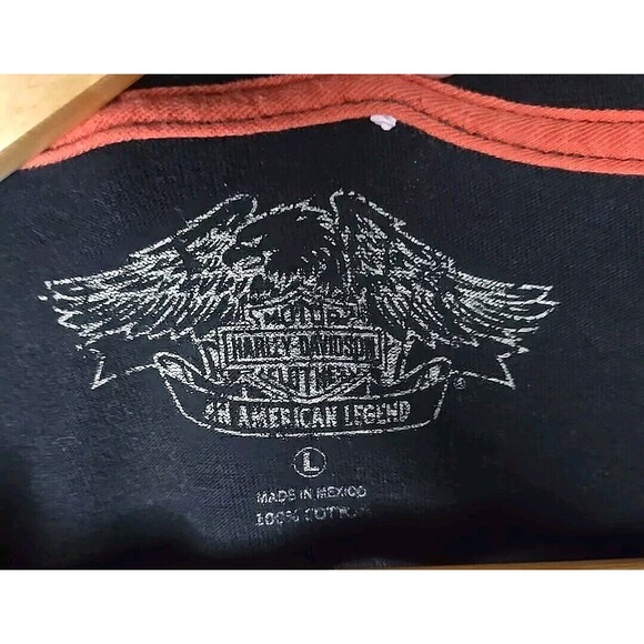 Harley Davidson Mens Shirt, Sz Large Black Orange White Stripe No. 1 Patch - Picture 6 of 9